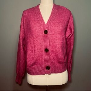 LOFT Bright Pink V-Neck Button-Up Cardigan Size M